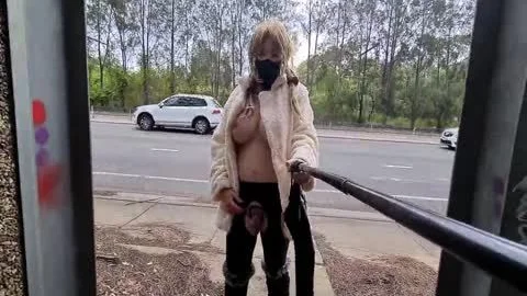Exhibitionist whore Flashing In A Fur Coat By A Busy Road