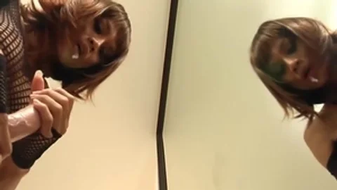 Redhead Ladyboy In black underware Sucks A fake penis By The Mirror