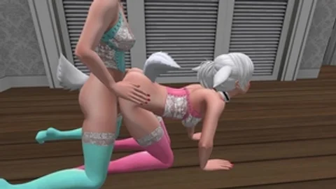two Bunny girls In Bright Colored stockings & underware doggy style Sex - SL anime Furry