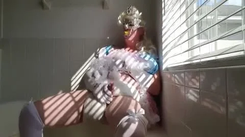 Diapered Sissy Princess In naughty Blue costume Pissing And Cumming In Plasticpants