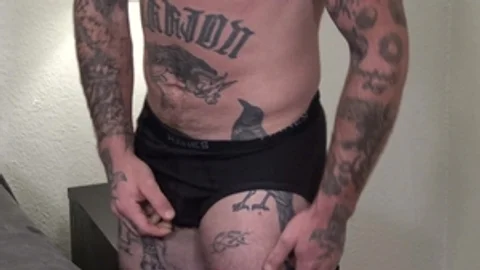 Tattooed FTM jock Rides gigantic fake penis Solo