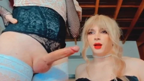 blond shemale Strokes Her thick Shaft