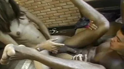 Flat Chested ladyboy hammers A nude lad