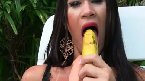 lady-man Masturbates With A Banana And A thick fake penis